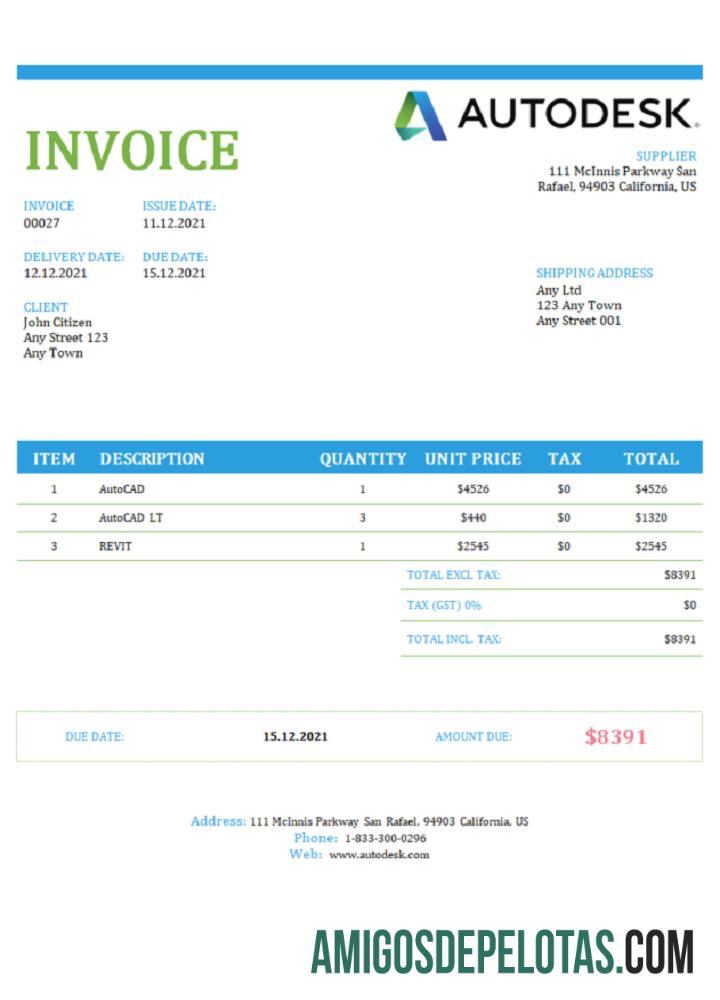 Fatura da Autodesk nos EUA amostra